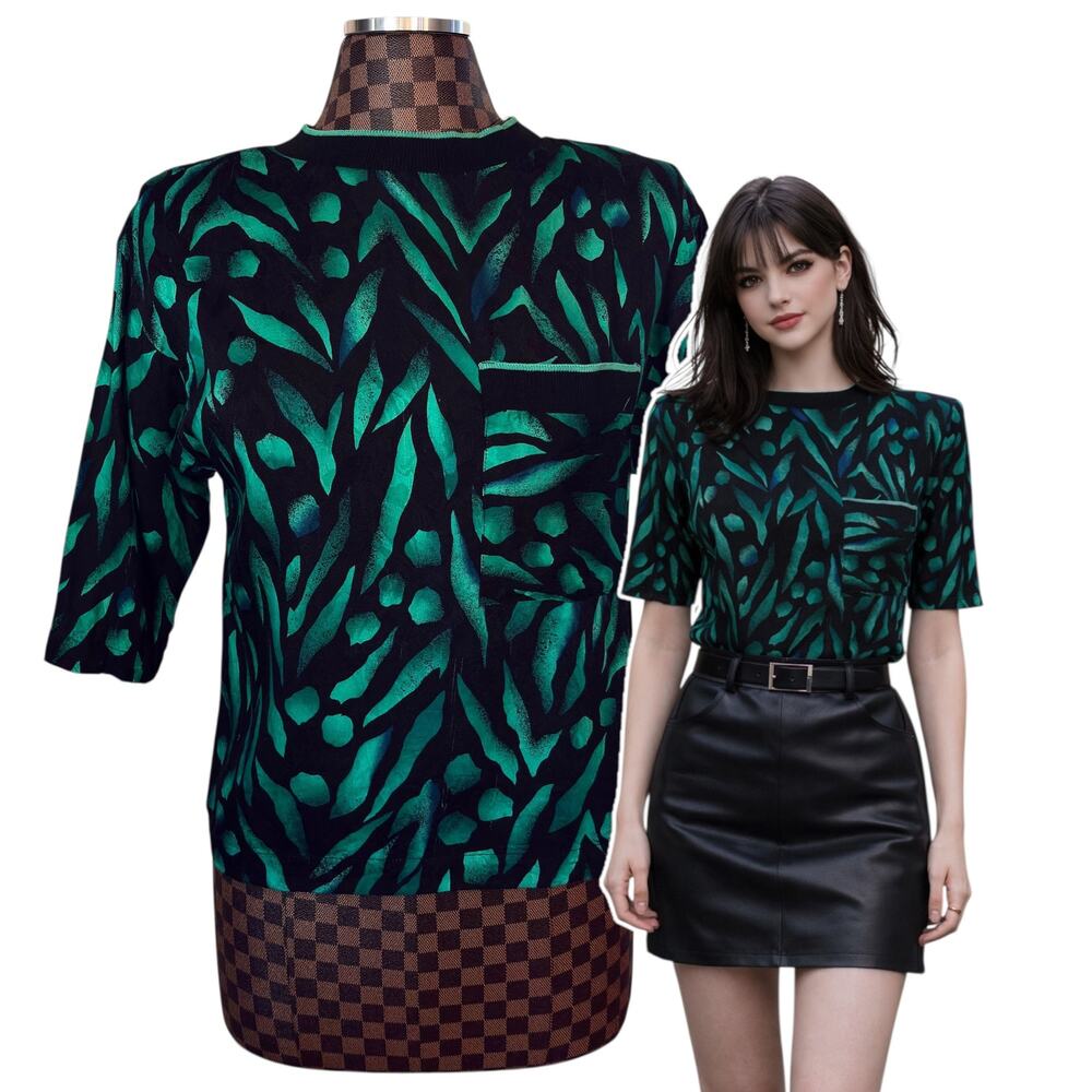 Vtg 80s Melrose Green Black Abstract Leaf T-Shirt Blouse Size Large Structured